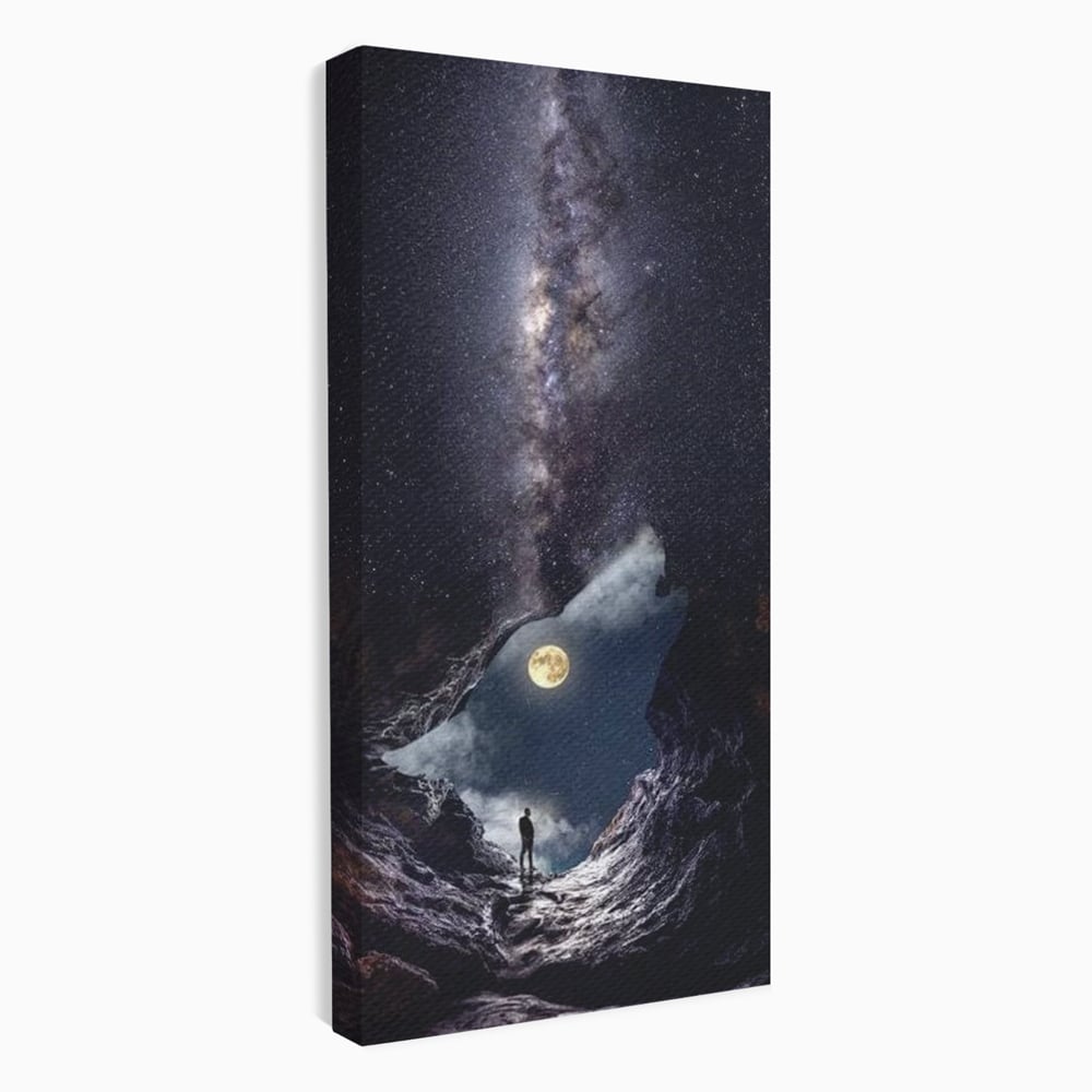 Tablou Canvas Premium, LuxCanva® M1468, Glasul Universului, Cosmos, Luna, Lup, Stele, Noapte, Vis, Mistic, Destin, Eternitate, Carare, Birou, Living, Camera Copil