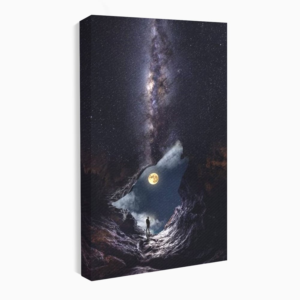 Tablou Canvas Premium, LuxCanva® M1468, Glasul Universului, Cosmos, Luna, Lup, Stele, Noapte, Vis, Mistic, Destin, Eternitate, Carare, Birou, Living, Camera Copil