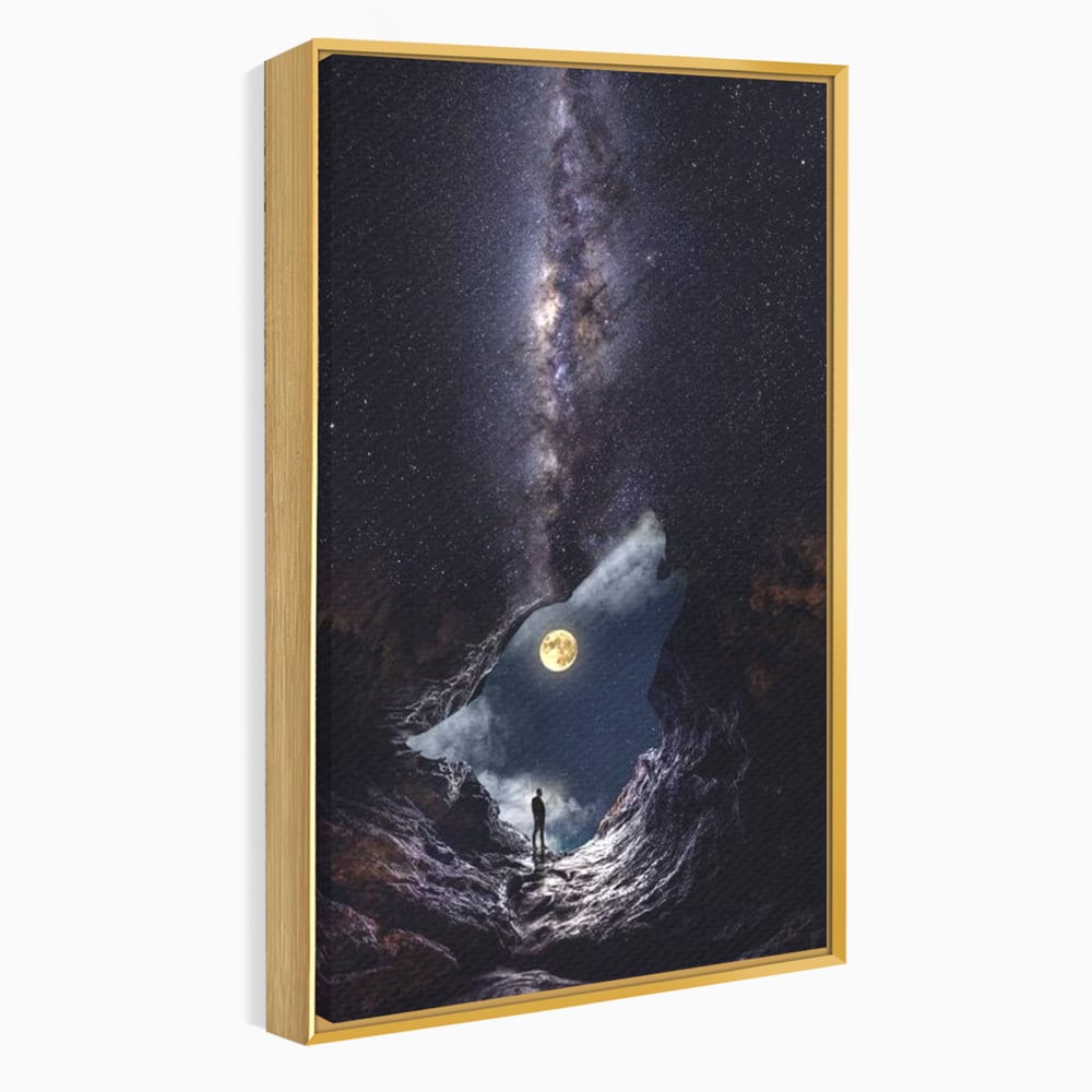 Tablou Canvas Premium, LuxCanva® M1468, Glasul Universului, Cosmos, Luna, Lup, Stele, Noapte, Vis, Mistic, Destin, Eternitate, Carare, Birou, Living, Camera Copil