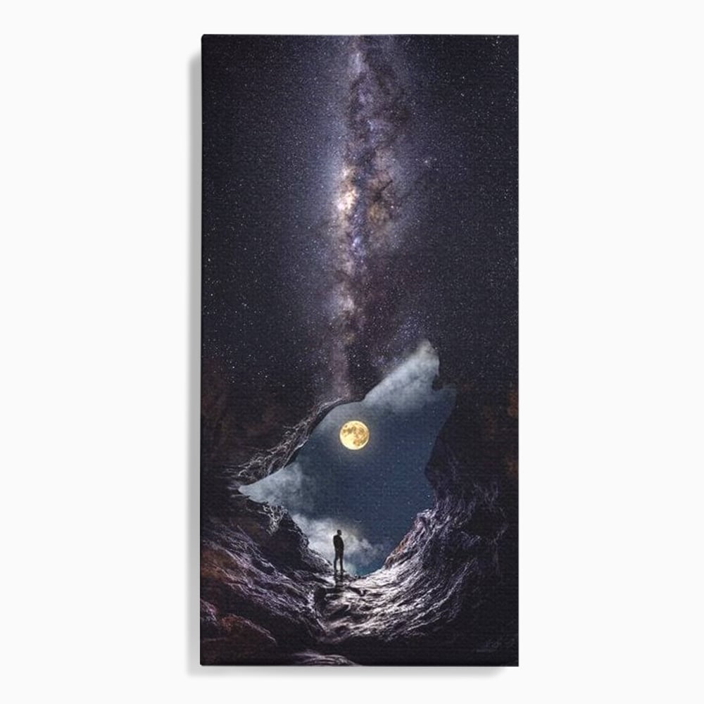 Tablou Canvas Premium, LuxCanva® M1468, Glasul Universului, Cosmos, Luna, Lup, Stele, Noapte, Vis, Mistic, Destin, Eternitate, Carare, Birou, Living, Camera Copil