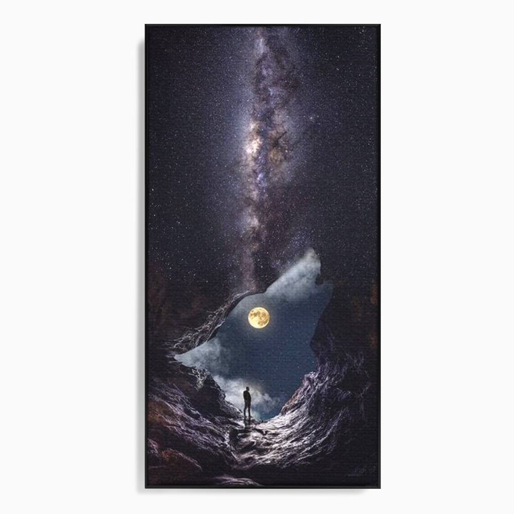 Tablou Canvas Premium, LuxCanva® M1468, Glasul Universului, Cosmos, Luna, Lup, Stele, Noapte, Vis, Mistic, Destin, Eternitate, Carare, Birou, Living, Camera Copil