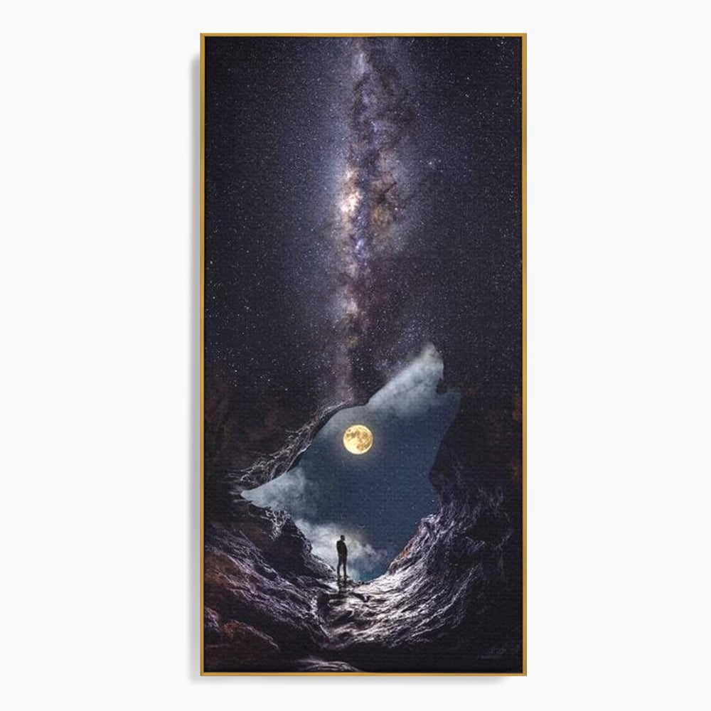 Tablou Canvas Premium, LuxCanva® M1468, Glasul Universului, Cosmos, Luna, Lup, Stele, Noapte, Vis, Mistic, Destin, Eternitate, Carare, Birou, Living, Camera Copil