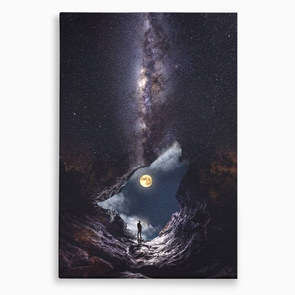Tablou Canvas Premium, LuxCanva® M1468, Glasul Universului, Cosmos, Luna, Lup, Stele, Noapte, Vis, Mistic, Destin, Eternitate, Carare, Birou, Living, Camera Copil