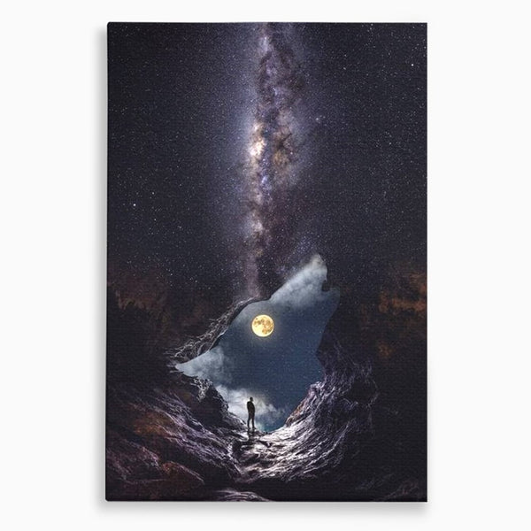 Tablou Canvas Premium, LuxCanva® M1468, Glasul Universului, Cosmos, Luna, Lup, Stele, Noapte, Vis, Mistic, Destin, Eternitate, Carare, Birou, Living, Camera Copil