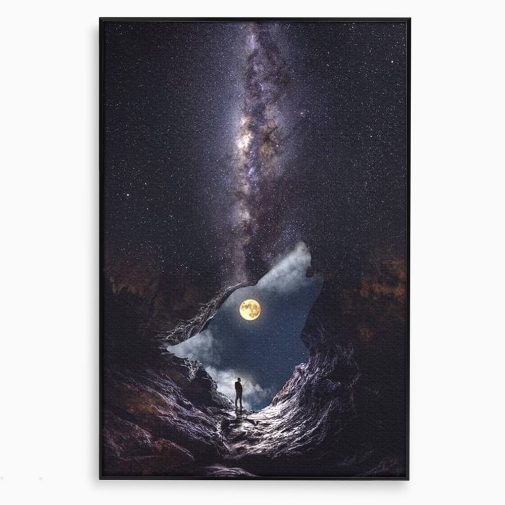 Tablou Canvas Premium, LuxCanva® M1468, Glasul Universului, Cosmos, Luna, Lup, Stele, Noapte, Vis, Mistic, Destin, Eternitate, Carare, Birou, Living, Camera Copil