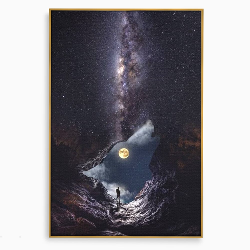 Tablou Canvas Premium, LuxCanva® M1468, Glasul Universului, Cosmos, Luna, Lup, Stele, Noapte, Vis, Mistic, Destin, Eternitate, Carare, Birou, Living, Camera Copil