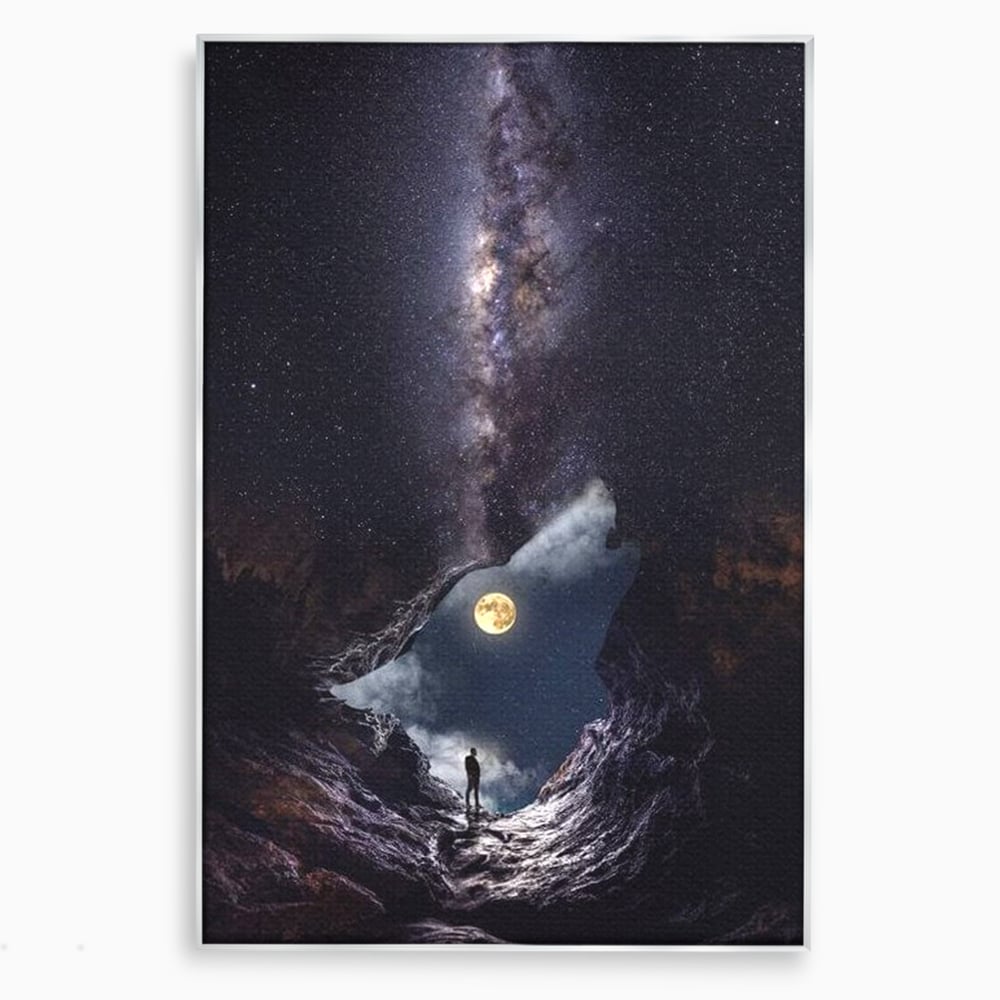 Tablou Canvas Premium, LuxCanva® M1468, Glasul Universului, Cosmos, Luna, Lup, Stele, Noapte, Vis, Mistic, Destin, Eternitate, Carare, Birou, Living, Camera Copil