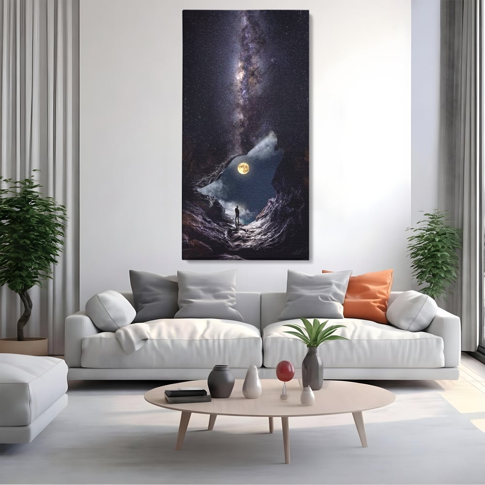 Tablou Canvas Premium, LuxCanva® M1468, Glasul Universului, Cosmos, Luna, Lup, Stele, Noapte, Vis, Mistic, Destin, Eternitate, Carare, Birou, Living, Camera Copil
