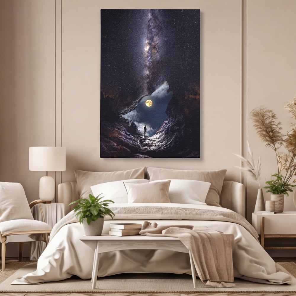 Tablou Canvas Premium, LuxCanva® M1468, Glasul Universului, Cosmos, Luna, Lup, Stele, Noapte, Vis, Mistic, Destin, Eternitate, Carare, Birou, Living, Camera Copil