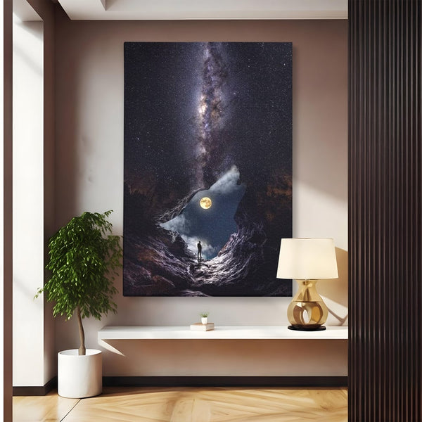 Tablou Canvas Premium, LuxCanva® M1468, Glasul Universului, Cosmos, Luna, Lup, Stele, Noapte, Vis, Mistic, Destin, Eternitate, Carare, Birou, Living, Camera Copil
