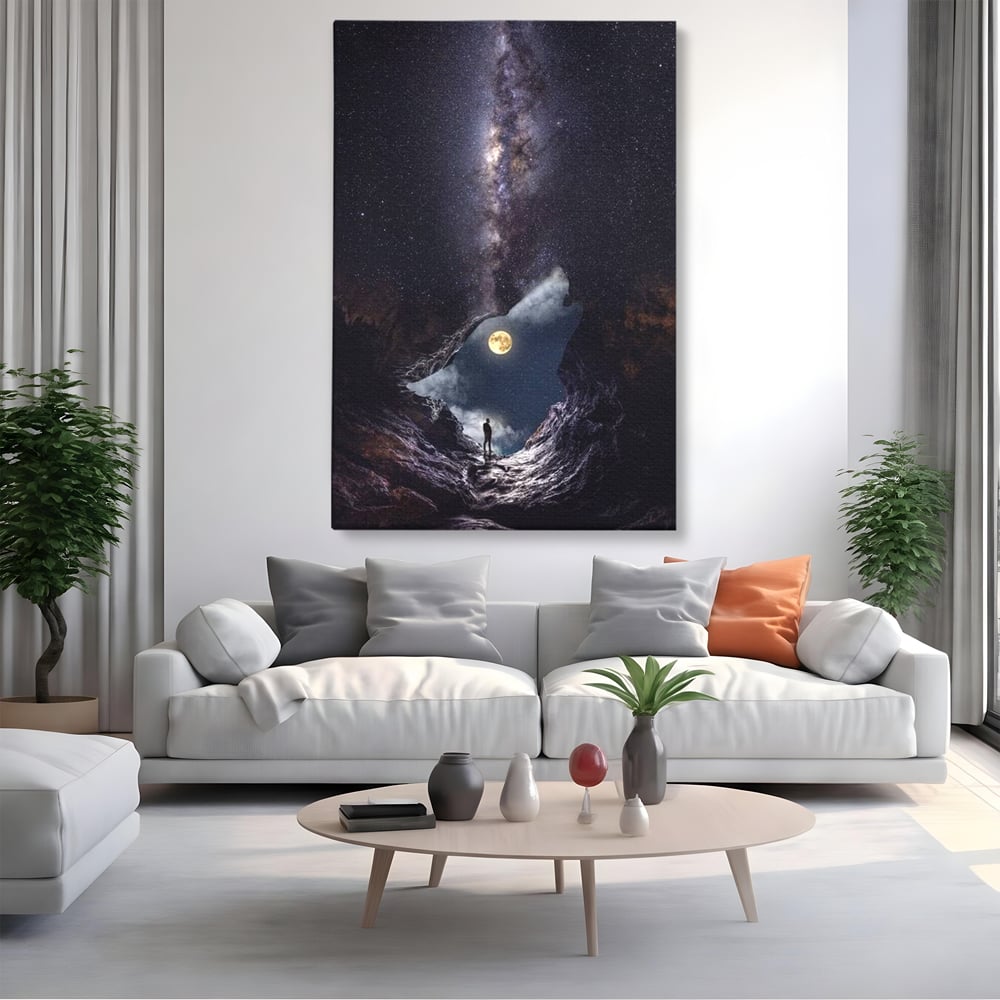 Tablou Canvas Premium, LuxCanva® M1468, Glasul Universului, Cosmos, Luna, Lup, Stele, Noapte, Vis, Mistic, Destin, Eternitate, Carare, Birou, Living, Camera Copil