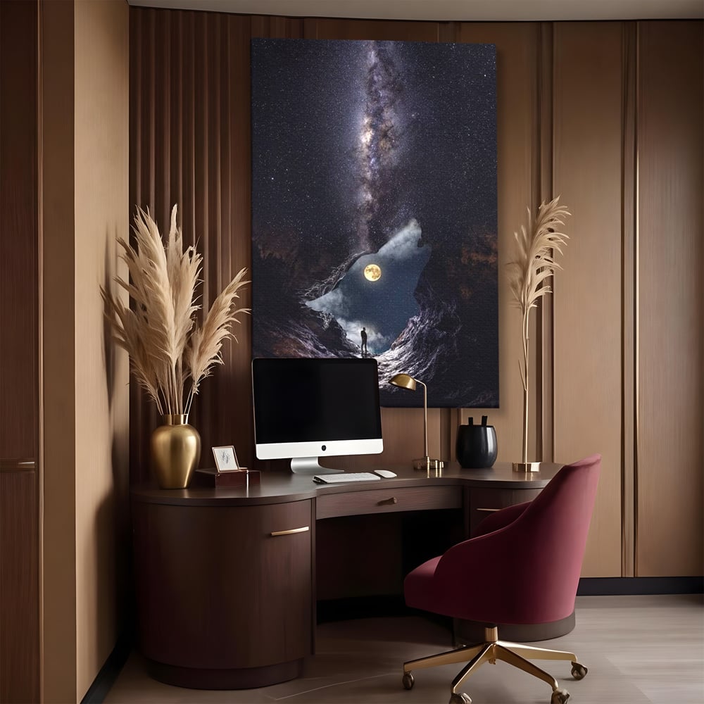Tablou Canvas Premium, LuxCanva® M1468, Glasul Universului, Cosmos, Luna, Lup, Stele, Noapte, Vis, Mistic, Destin, Eternitate, Carare, Birou, Living, Camera Copil