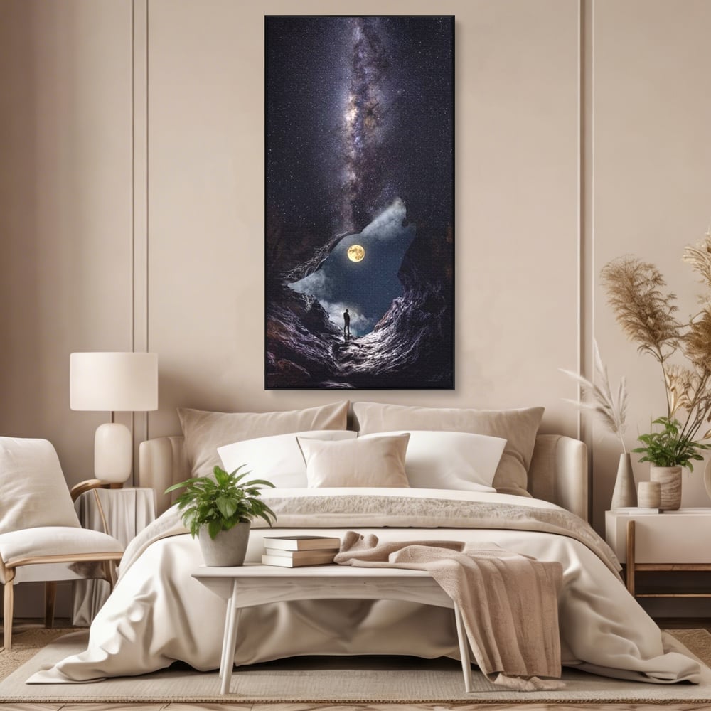 Tablou Canvas Premium, LuxCanva® M1468, Glasul Universului, Cosmos, Luna, Lup, Stele, Noapte, Vis, Mistic, Destin, Eternitate, Carare, Birou, Living, Camera Copil