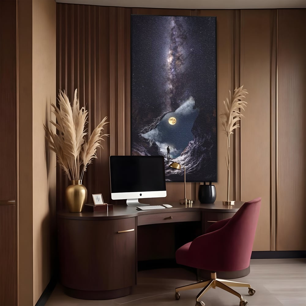 Tablou Canvas Premium, LuxCanva® M1468, Glasul Universului, Cosmos, Luna, Lup, Stele, Noapte, Vis, Mistic, Destin, Eternitate, Carare, Birou, Living, Camera Copil