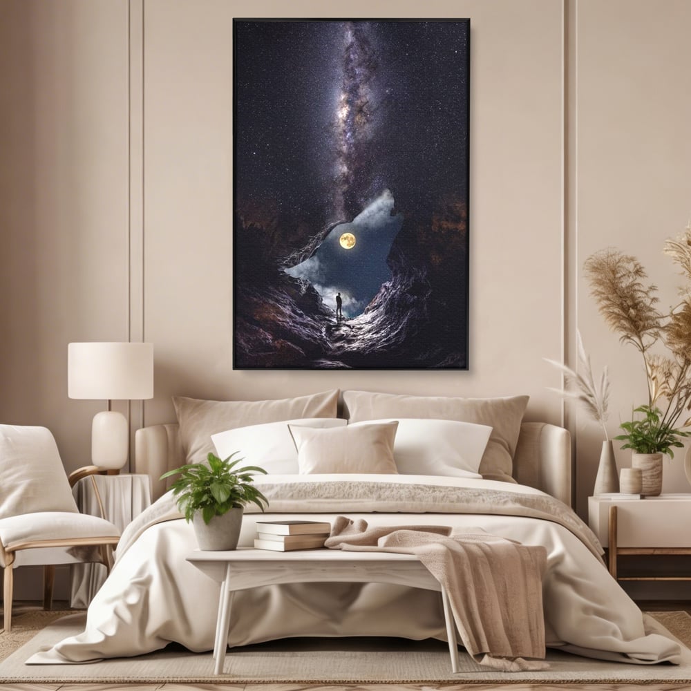 Tablou Canvas Premium, LuxCanva® M1468, Glasul Universului, Cosmos, Luna, Lup, Stele, Noapte, Vis, Mistic, Destin, Eternitate, Carare, Birou, Living, Camera Copil