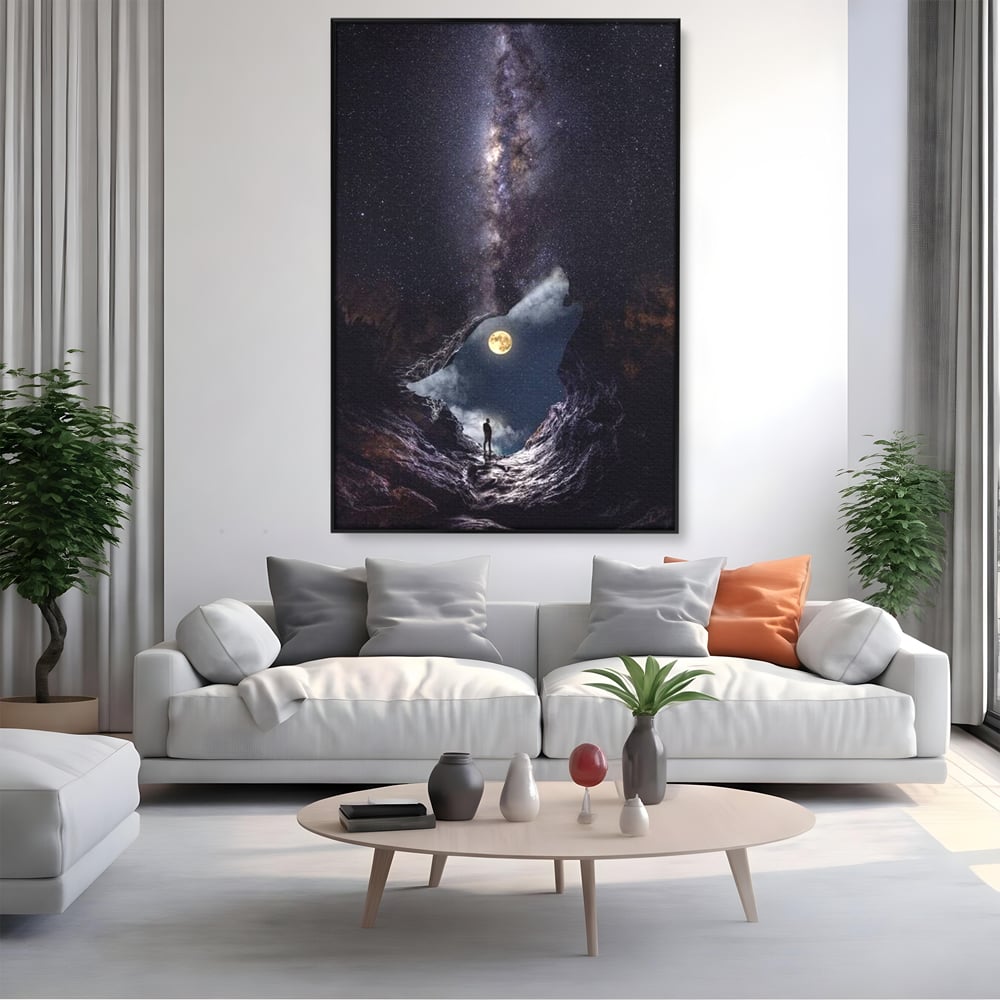 Tablou Canvas Premium, LuxCanva® M1468, Glasul Universului, Cosmos, Luna, Lup, Stele, Noapte, Vis, Mistic, Destin, Eternitate, Carare, Birou, Living, Camera Copil