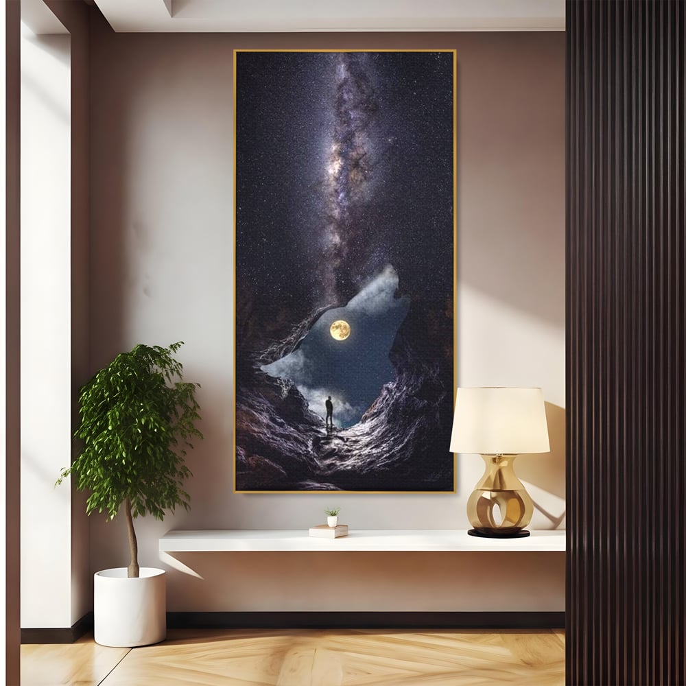 Tablou Canvas Premium, LuxCanva® M1468, Glasul Universului, Cosmos, Luna, Lup, Stele, Noapte, Vis, Mistic, Destin, Eternitate, Carare, Birou, Living, Camera Copil