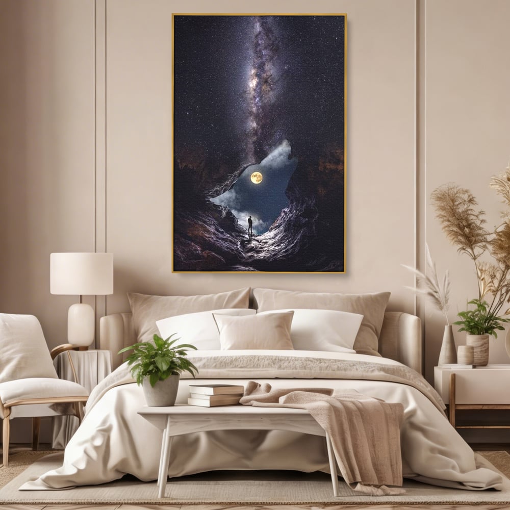 Tablou Canvas Premium, LuxCanva® M1468, Glasul Universului, Cosmos, Luna, Lup, Stele, Noapte, Vis, Mistic, Destin, Eternitate, Carare, Birou, Living, Camera Copil