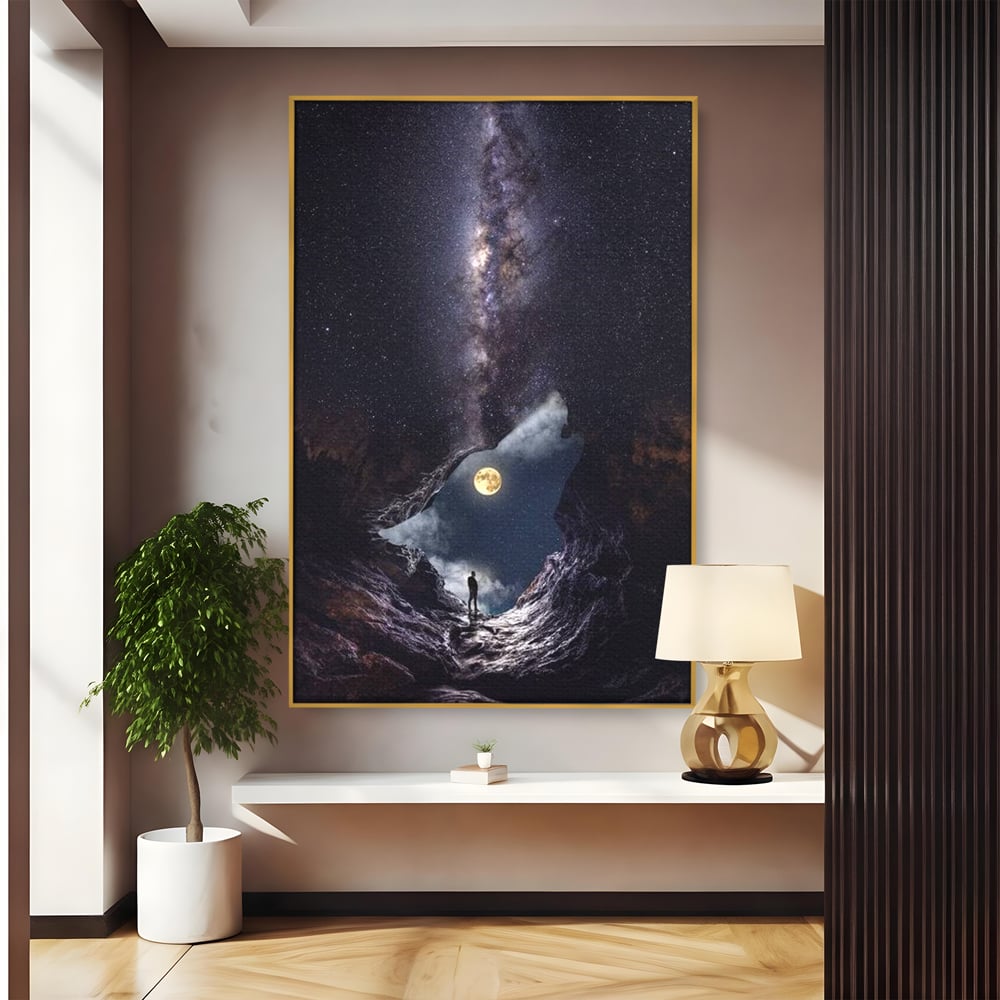 Tablou Canvas Premium, LuxCanva® M1468, Glasul Universului, Cosmos, Luna, Lup, Stele, Noapte, Vis, Mistic, Destin, Eternitate, Carare, Birou, Living, Camera Copil