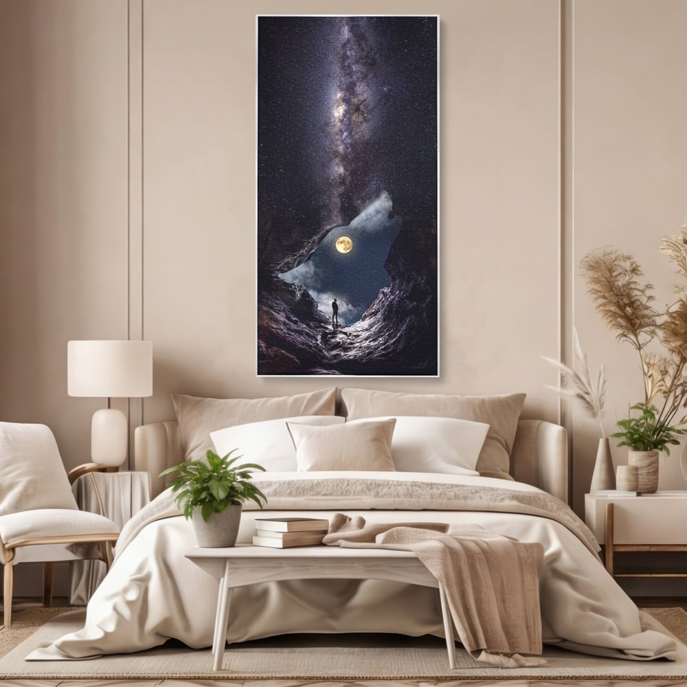 Tablou Canvas Premium, LuxCanva® M1468, Glasul Universului, Cosmos, Luna, Lup, Stele, Noapte, Vis, Mistic, Destin, Eternitate, Carare, Birou, Living, Camera Copil