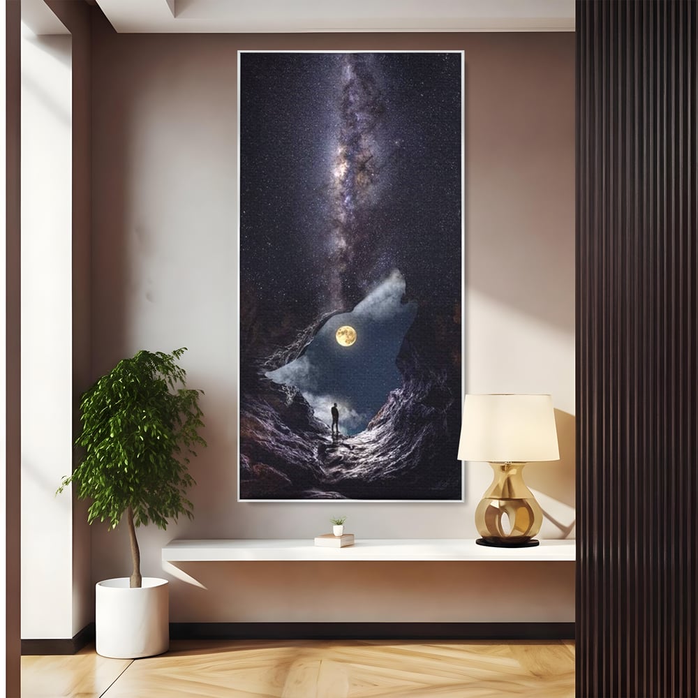 Tablou Canvas Premium, LuxCanva® M1468, Glasul Universului, Cosmos, Luna, Lup, Stele, Noapte, Vis, Mistic, Destin, Eternitate, Carare, Birou, Living, Camera Copil