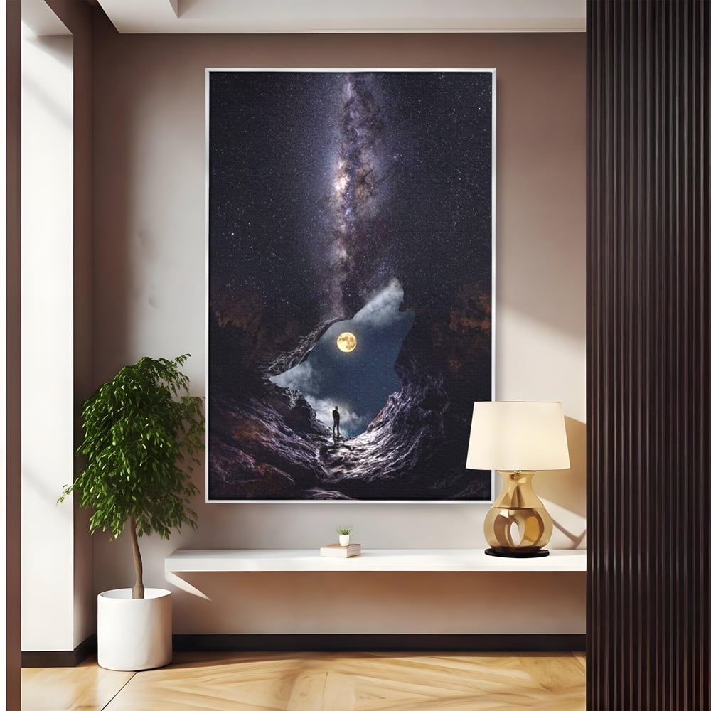 Tablou Canvas Premium, LuxCanva® M1468, Glasul Universului, Cosmos, Luna, Lup, Stele, Noapte, Vis, Mistic, Destin, Eternitate, Carare, Birou, Living, Camera Copil