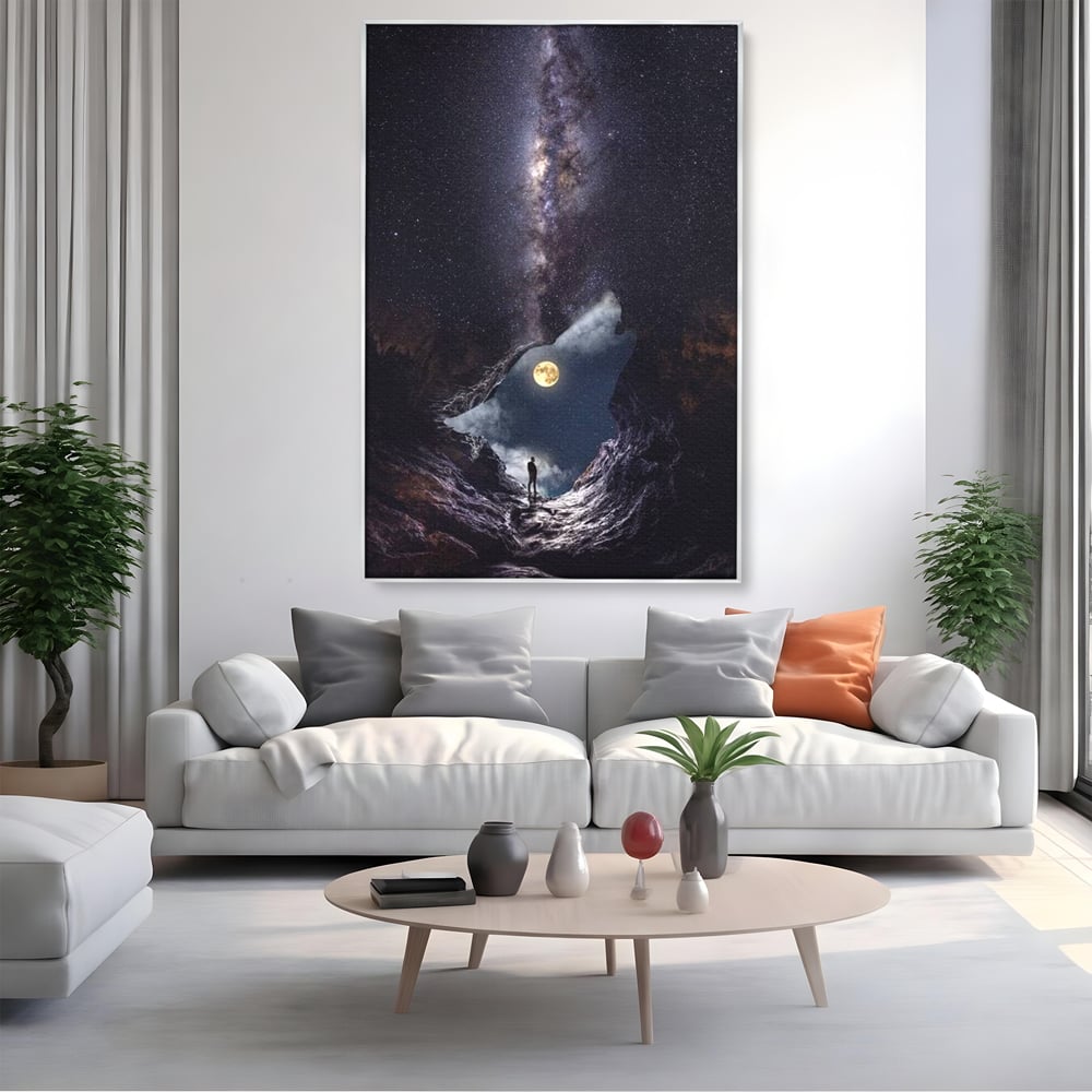 Tablou Canvas Premium, LuxCanva® M1468, Glasul Universului, Cosmos, Luna, Lup, Stele, Noapte, Vis, Mistic, Destin, Eternitate, Carare, Birou, Living, Camera Copil