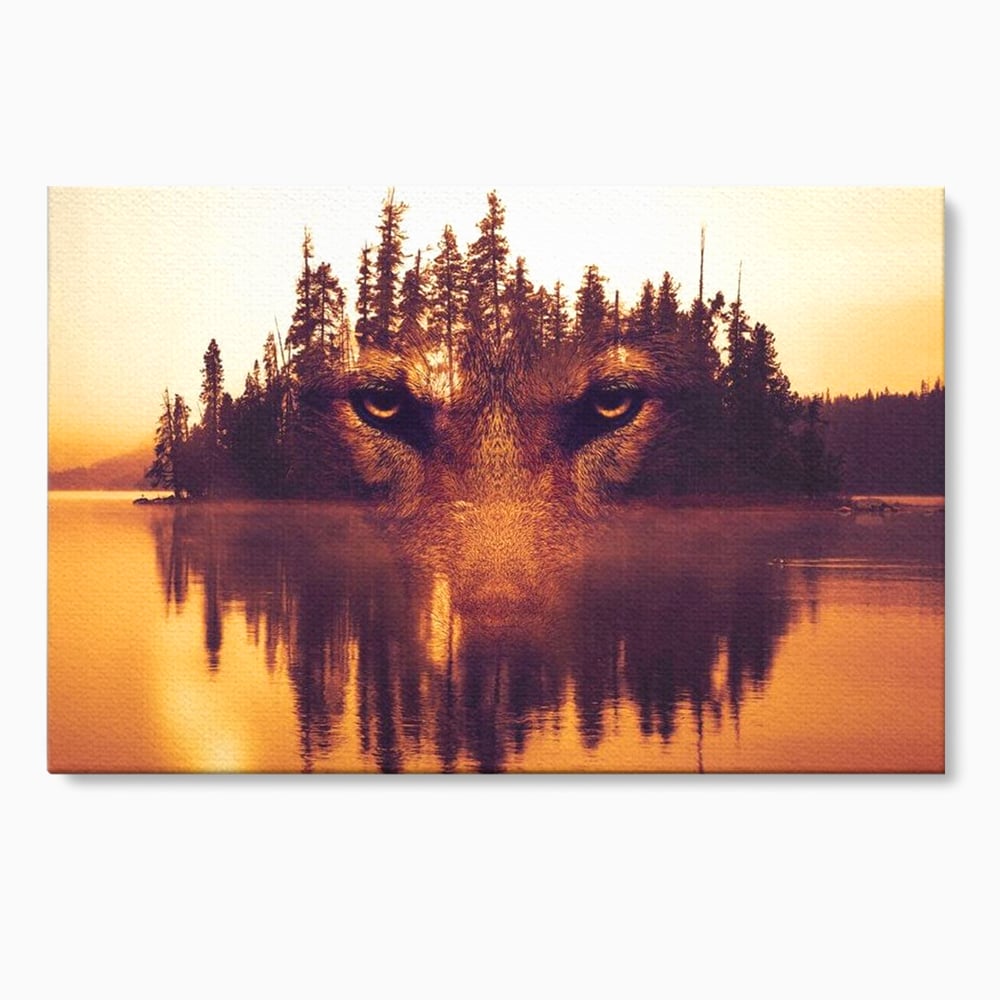 Tablou Canvas Premium, LuxCanva® M1470, Spiritul Padurii, Ochi, Privire, Gardian, Padure, Lac, Apus, Reflexie, Codru, Mister, Natura, Birou, Living, Camera Copil