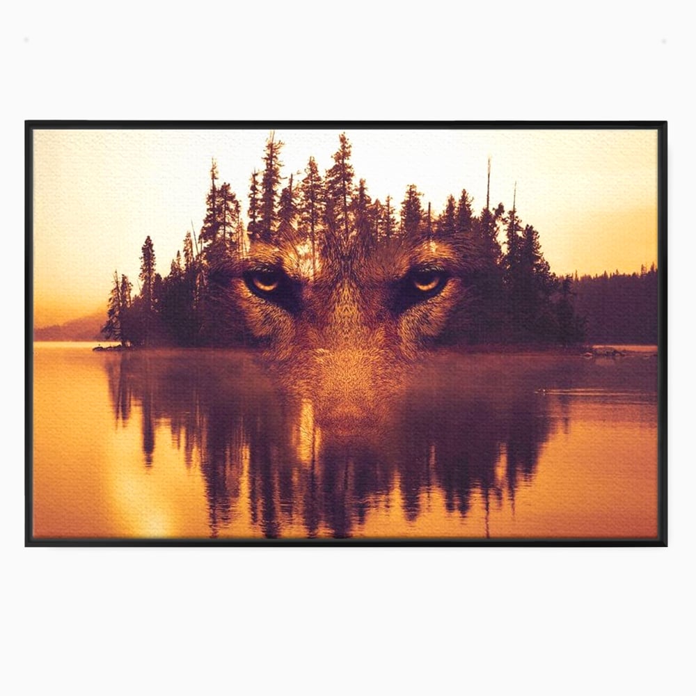 Tablou Canvas Premium, LuxCanva® M1470, Spiritul Padurii, Ochi, Privire, Gardian, Padure, Lac, Apus, Reflexie, Codru, Mister, Natura, Birou, Living, Camera Copil