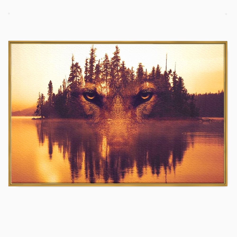 Tablou Canvas Premium, LuxCanva® M1470, Spiritul Padurii, Ochi, Privire, Gardian, Padure, Lac, Apus, Reflexie, Codru, Mister, Natura, Birou, Living, Camera Copil