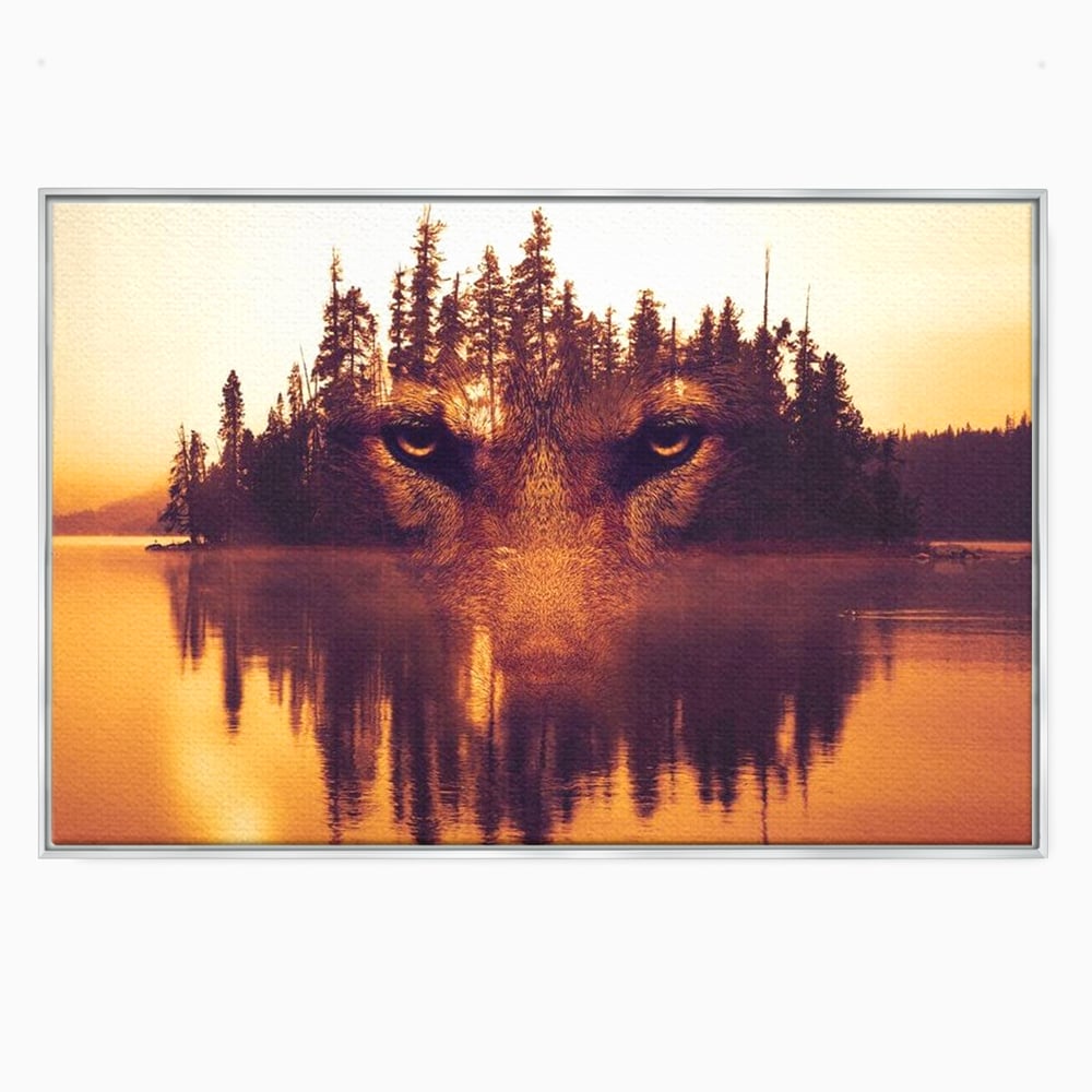 Tablou Canvas Premium, LuxCanva® M1470, Spiritul Padurii, Ochi, Privire, Gardian, Padure, Lac, Apus, Reflexie, Codru, Mister, Natura, Birou, Living, Camera Copil