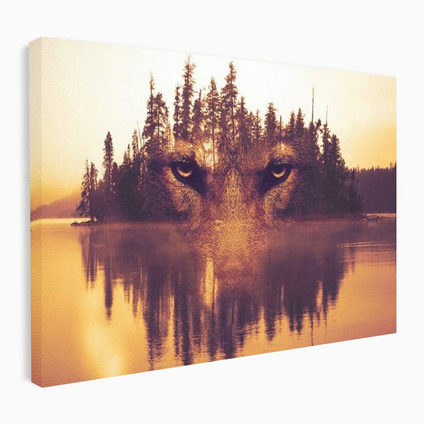 Tablou Canvas Premium, LuxCanva® M1470, Spiritul Padurii, Ochi, Privire, Gardian, Padure, Lac, Apus, Reflexie, Codru, Mister, Natura, Birou, Living, Camera Copil