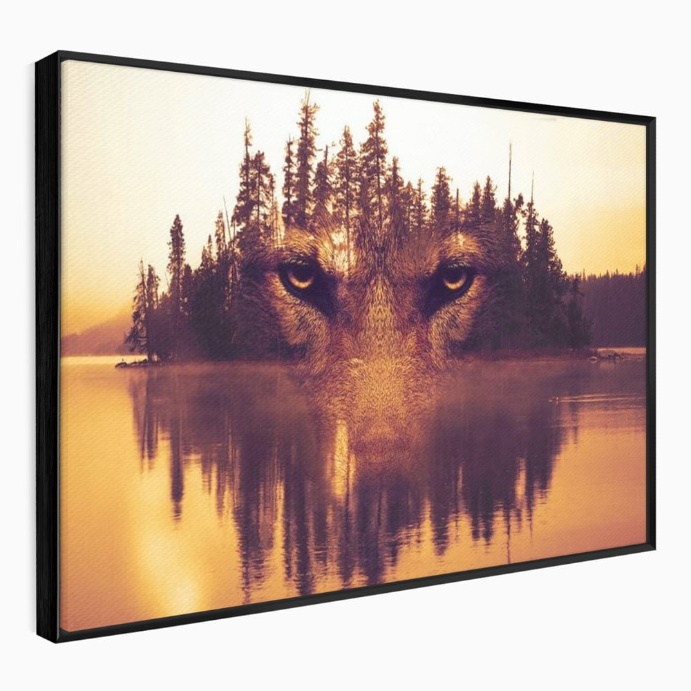 Tablou Canvas Premium, LuxCanva® M1470, Spiritul Padurii, Ochi, Privire, Gardian, Padure, Lac, Apus, Reflexie, Codru, Mister, Natura, Birou, Living, Camera Copil
