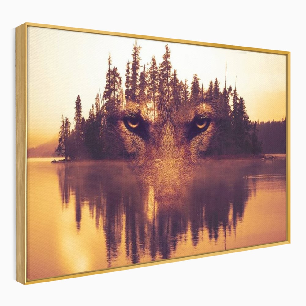 Tablou Canvas Premium, LuxCanva® M1470, Spiritul Padurii, Ochi, Privire, Gardian, Padure, Lac, Apus, Reflexie, Codru, Mister, Natura, Birou, Living, Camera Copil