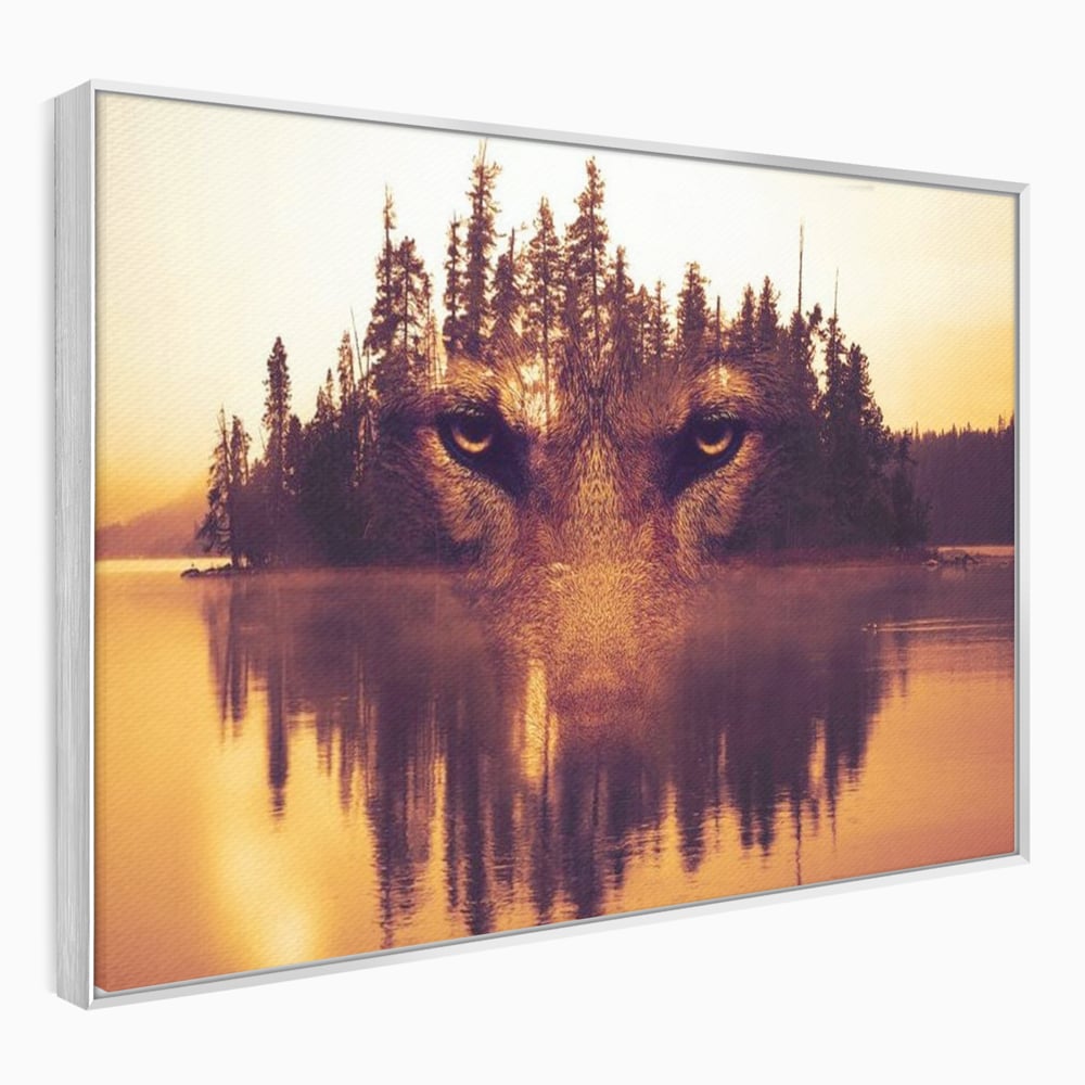 Tablou Canvas Premium, LuxCanva® M1470, Spiritul Padurii, Ochi, Privire, Gardian, Padure, Lac, Apus, Reflexie, Codru, Mister, Natura, Birou, Living, Camera Copil