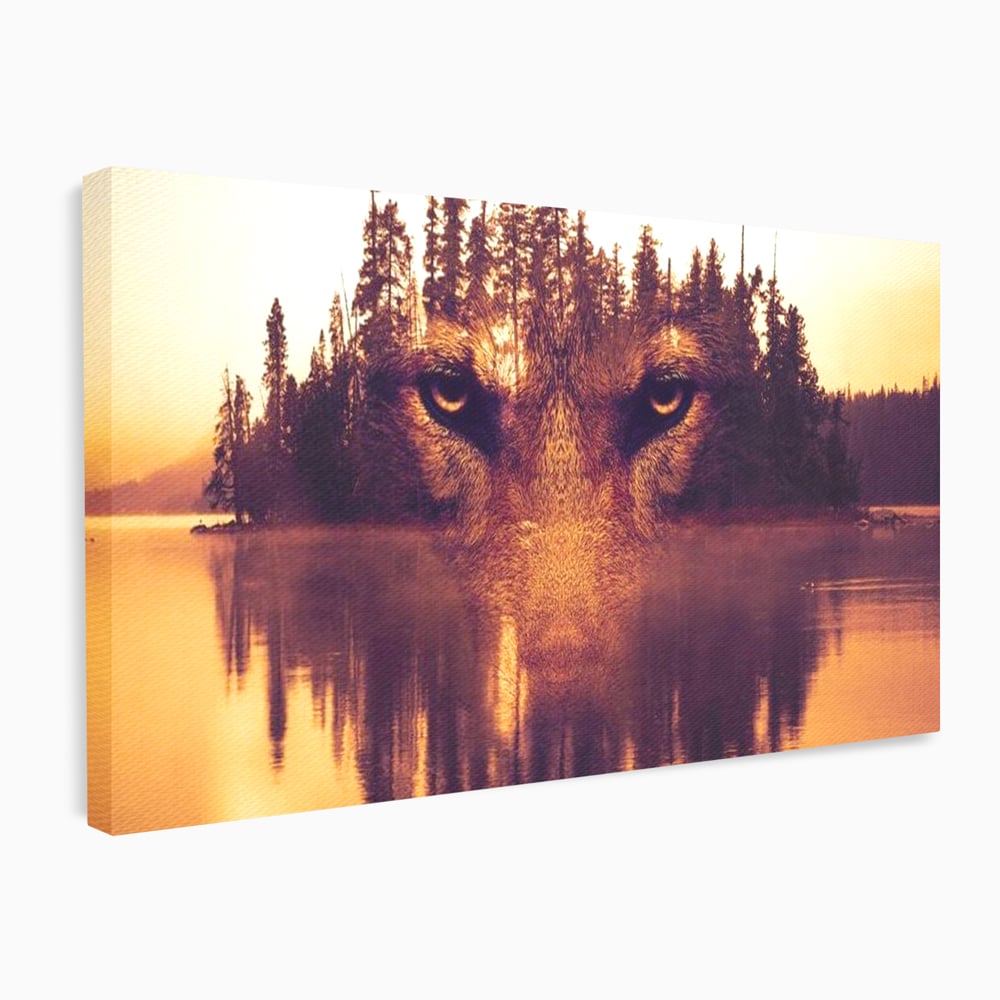 Tablou Canvas Premium, LuxCanva® M1470, Spiritul Padurii, Ochi, Privire, Gardian, Padure, Lac, Apus, Reflexie, Codru, Mister, Natura, Birou, Living, Camera Copil