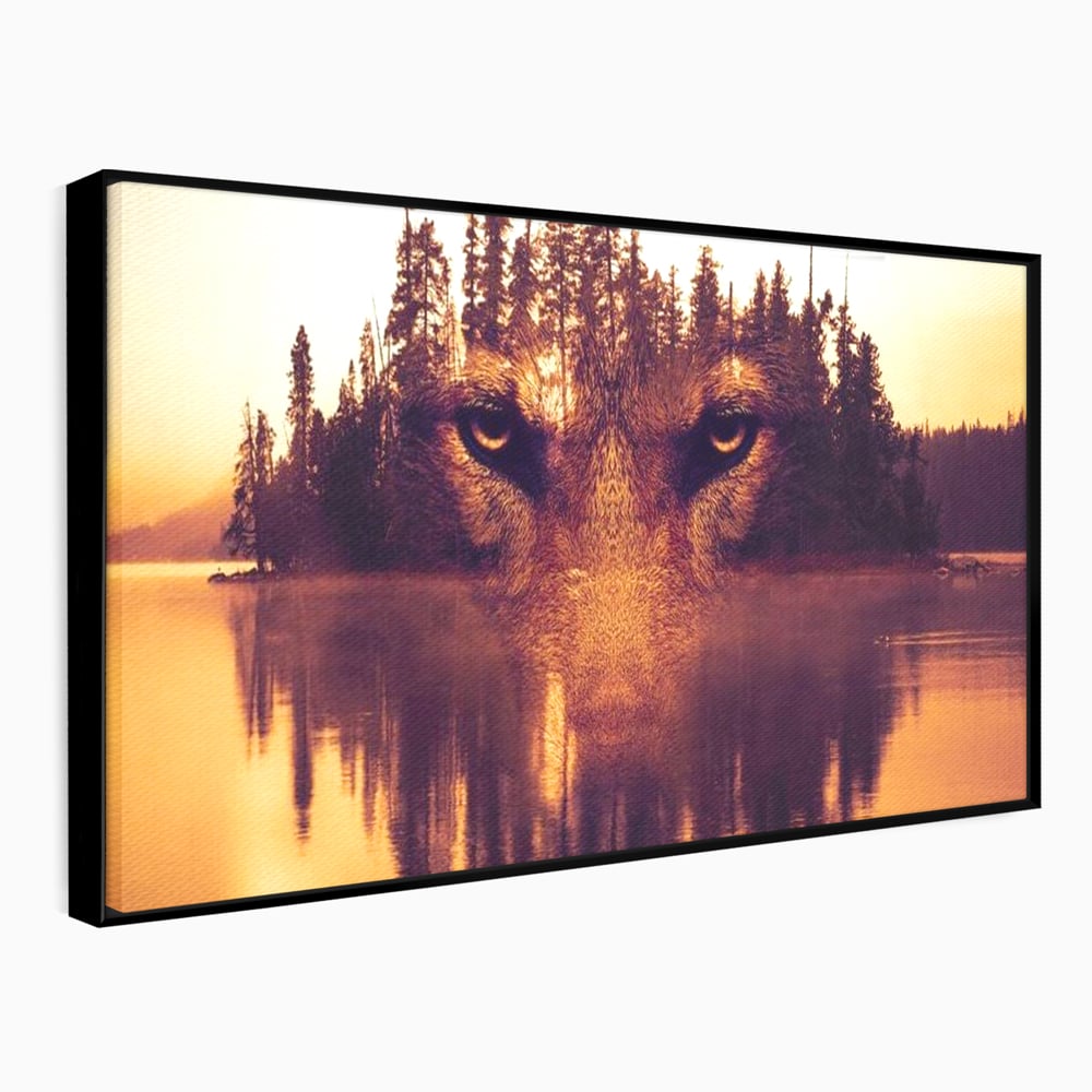 Tablou Canvas Premium, LuxCanva® M1470, Spiritul Padurii, Ochi, Privire, Gardian, Padure, Lac, Apus, Reflexie, Codru, Mister, Natura, Birou, Living, Camera Copil