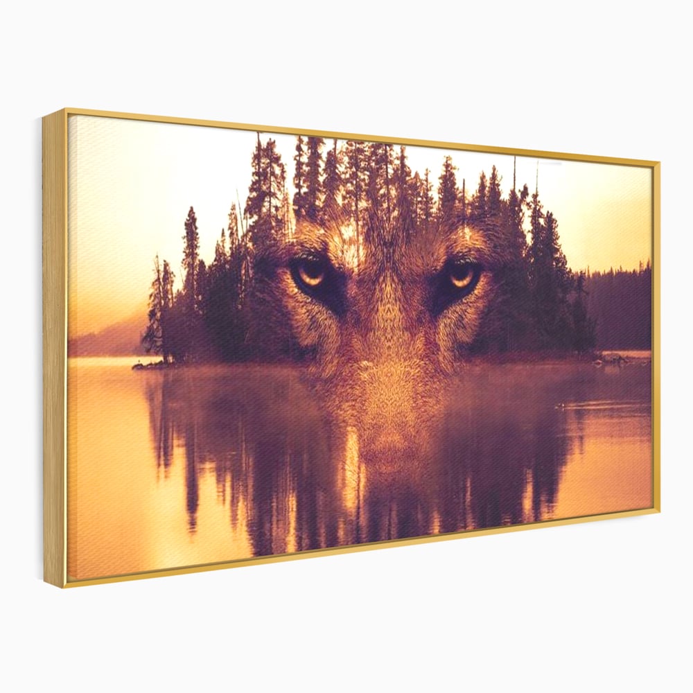 Tablou Canvas Premium, LuxCanva® M1470, Spiritul Padurii, Ochi, Privire, Gardian, Padure, Lac, Apus, Reflexie, Codru, Mister, Natura, Birou, Living, Camera Copil