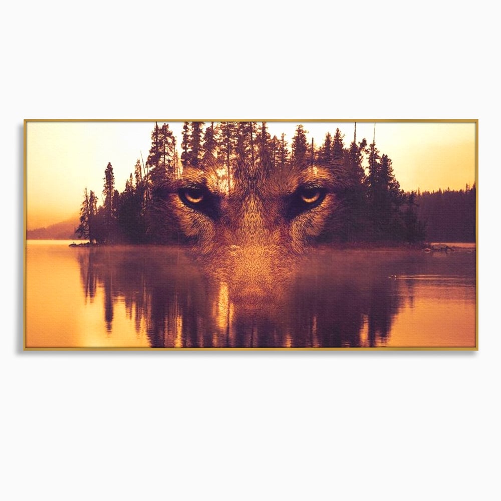 Tablou Canvas Premium, LuxCanva® M1470, Spiritul Padurii, Ochi, Privire, Gardian, Padure, Lac, Apus, Reflexie, Codru, Mister, Natura, Birou, Living, Camera Copil