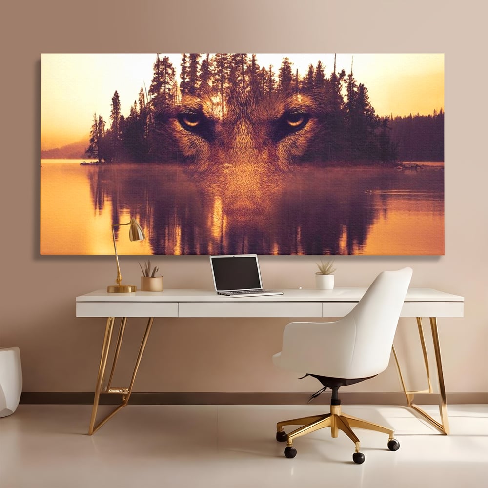 Tablou Canvas Premium, LuxCanva® M1470, Spiritul Padurii, Ochi, Privire, Gardian, Padure, Lac, Apus, Reflexie, Codru, Mister, Natura, Birou, Living, Camera Copil