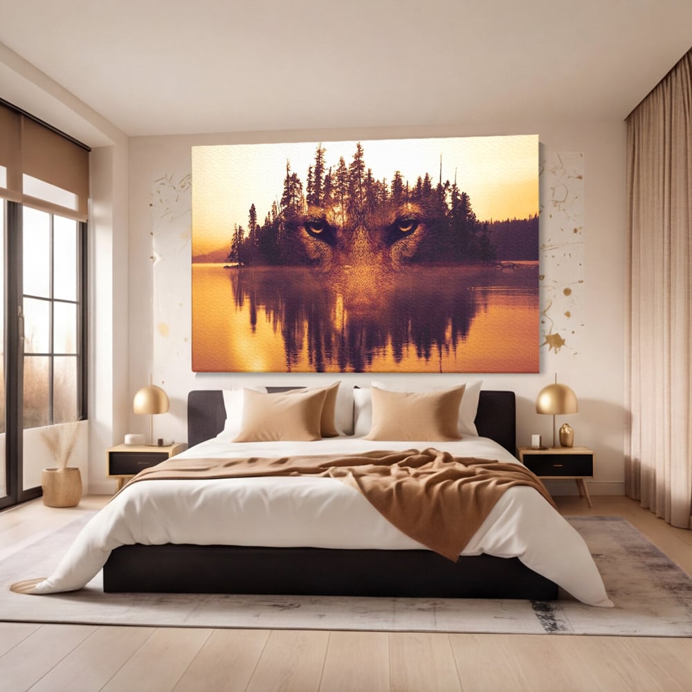 Tablou Canvas Premium, LuxCanva® M1470, Spiritul Padurii, Ochi, Privire, Gardian, Padure, Lac, Apus, Reflexie, Codru, Mister, Natura, Birou, Living, Camera Copil