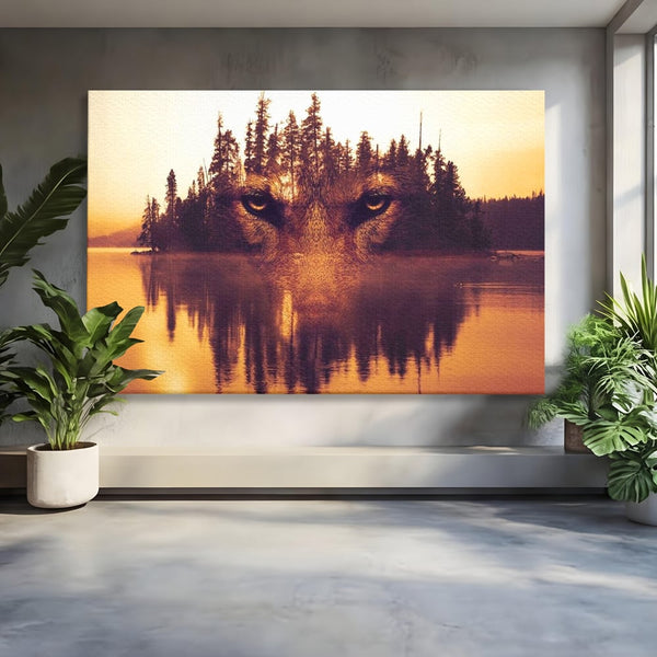 Tablou Canvas Premium, LuxCanva® M1470, Spiritul Padurii, Ochi, Privire, Gardian, Padure, Lac, Apus, Reflexie, Codru, Mister, Natura, Birou, Living, Camera Copil