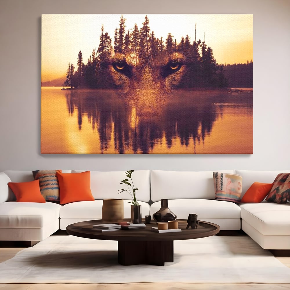 Tablou Canvas Premium, LuxCanva® M1470, Spiritul Padurii, Ochi, Privire, Gardian, Padure, Lac, Apus, Reflexie, Codru, Mister, Natura, Birou, Living, Camera Copil