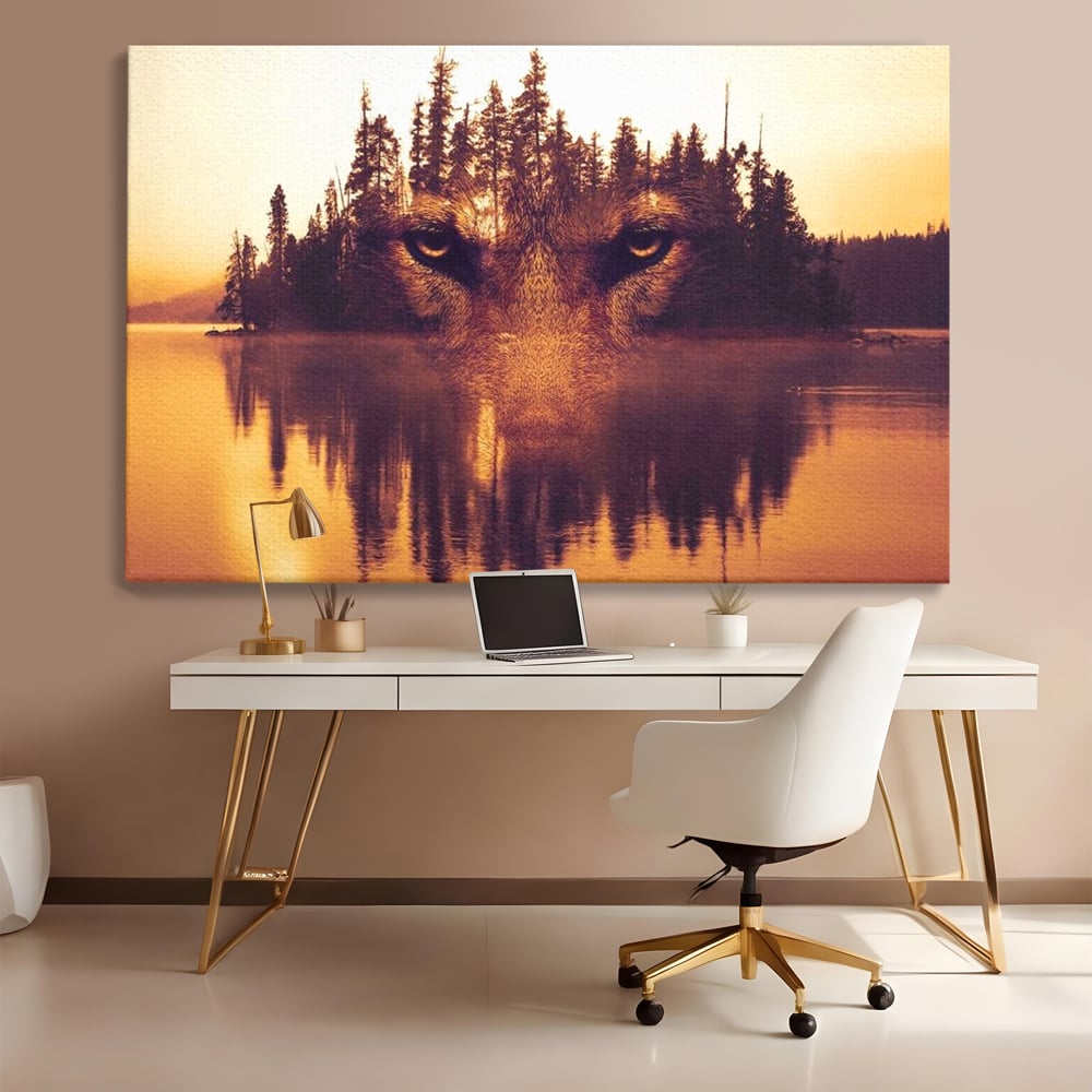 Tablou Canvas Premium, LuxCanva® M1470, Spiritul Padurii, Ochi, Privire, Gardian, Padure, Lac, Apus, Reflexie, Codru, Mister, Natura, Birou, Living, Camera Copil