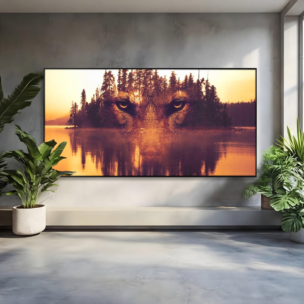 Tablou Canvas Premium, LuxCanva® M1470, Spiritul Padurii, Ochi, Privire, Gardian, Padure, Lac, Apus, Reflexie, Codru, Mister, Natura, Birou, Living, Camera Copil