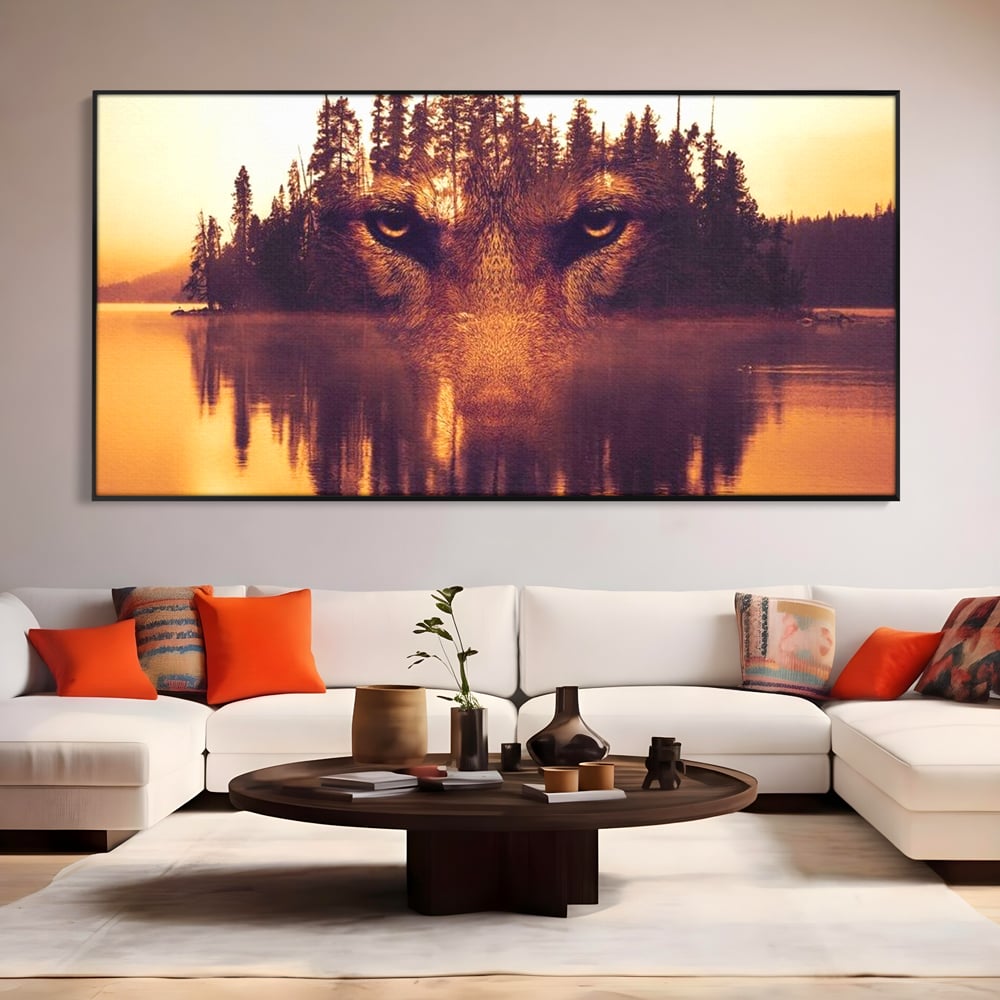 Tablou Canvas Premium, LuxCanva® M1470, Spiritul Padurii, Ochi, Privire, Gardian, Padure, Lac, Apus, Reflexie, Codru, Mister, Natura, Birou, Living, Camera Copil