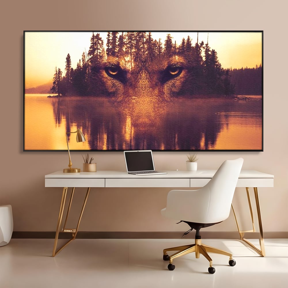 Tablou Canvas Premium, LuxCanva® M1470, Spiritul Padurii, Ochi, Privire, Gardian, Padure, Lac, Apus, Reflexie, Codru, Mister, Natura, Birou, Living, Camera Copil