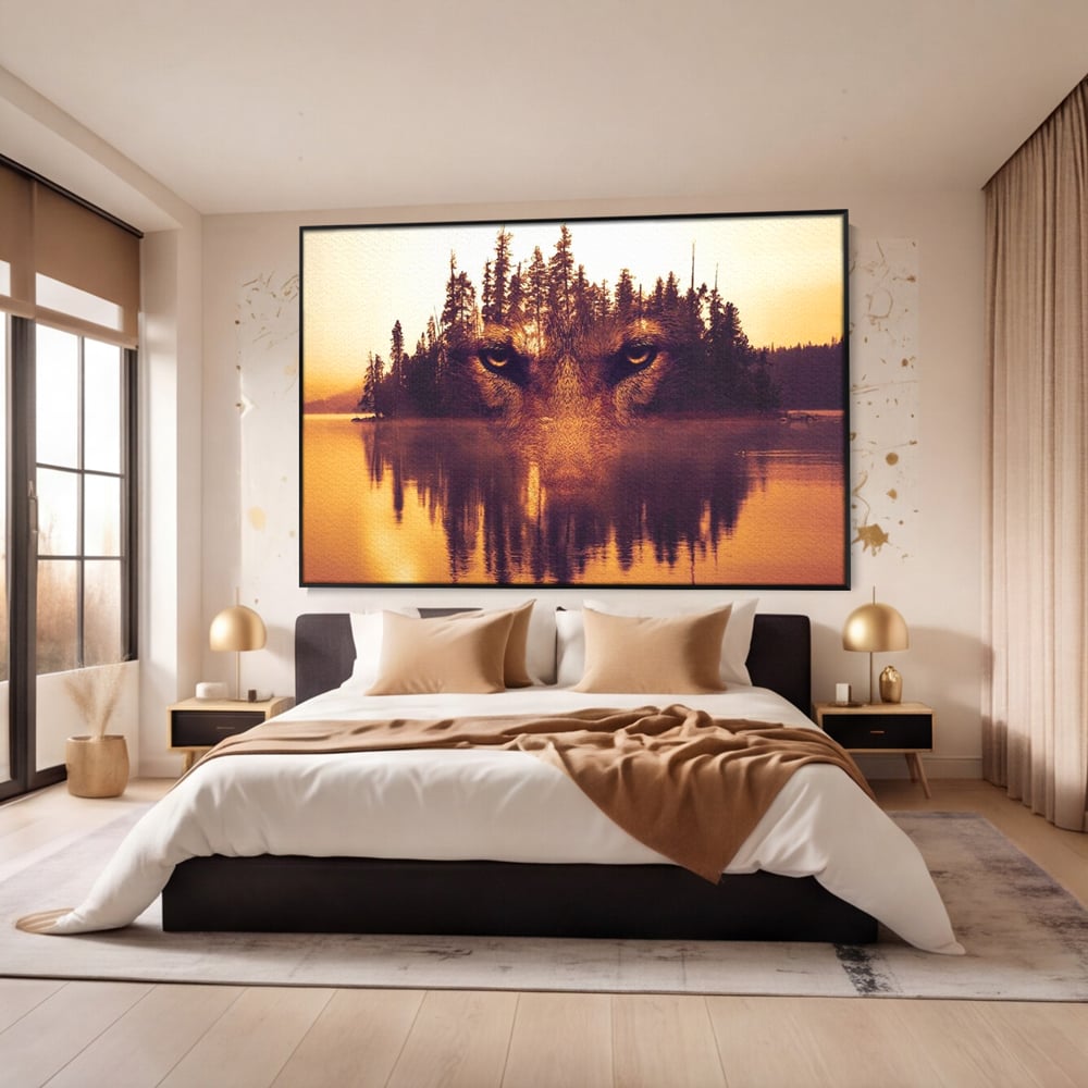 Tablou Canvas Premium, LuxCanva® M1470, Spiritul Padurii, Ochi, Privire, Gardian, Padure, Lac, Apus, Reflexie, Codru, Mister, Natura, Birou, Living, Camera Copil