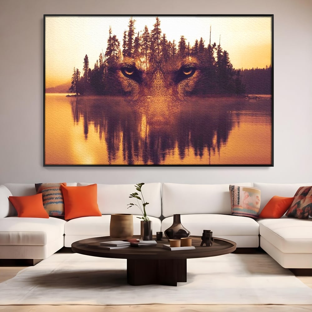 Tablou Canvas Premium, LuxCanva® M1470, Spiritul Padurii, Ochi, Privire, Gardian, Padure, Lac, Apus, Reflexie, Codru, Mister, Natura, Birou, Living, Camera Copil