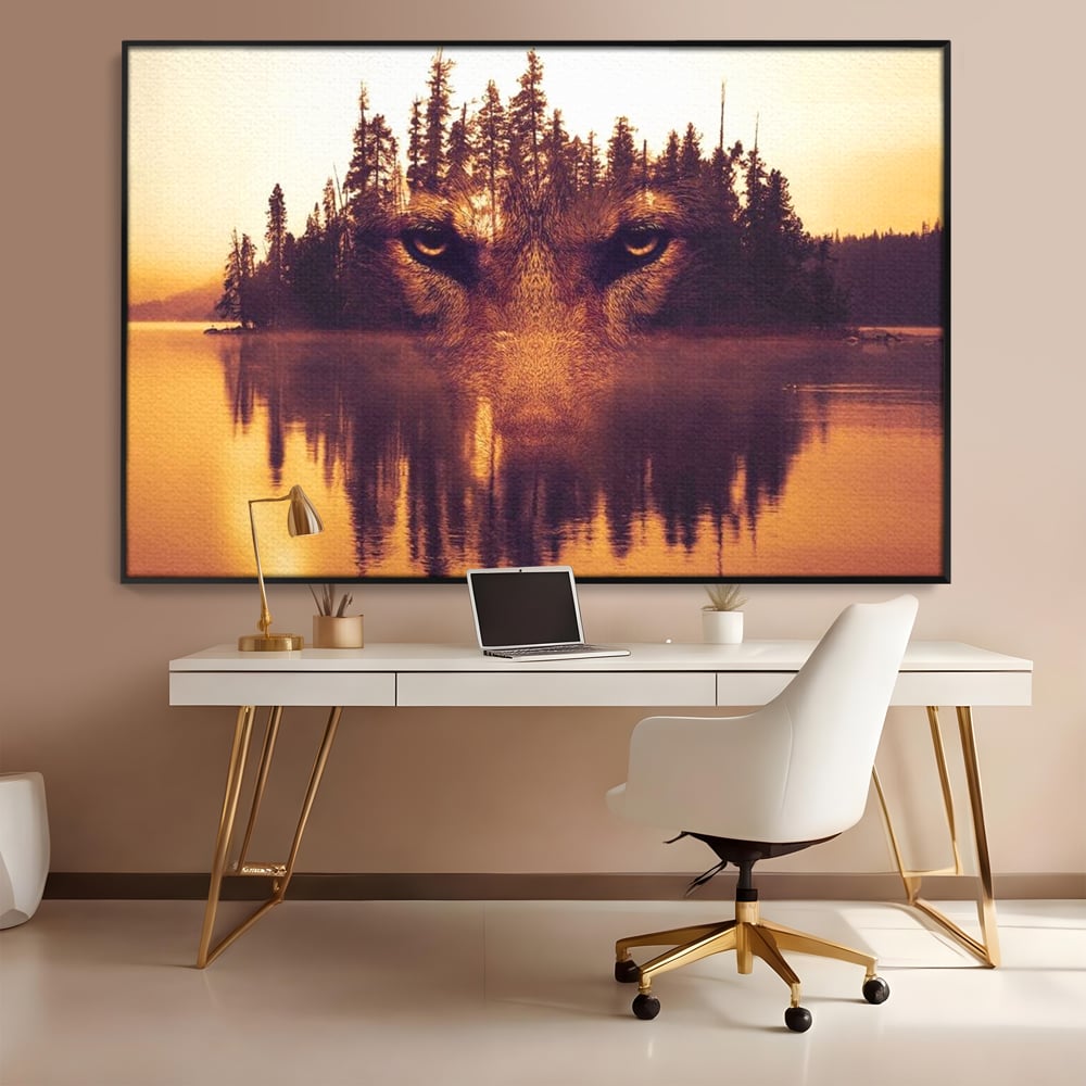 Tablou Canvas Premium, LuxCanva® M1470, Spiritul Padurii, Ochi, Privire, Gardian, Padure, Lac, Apus, Reflexie, Codru, Mister, Natura, Birou, Living, Camera Copil